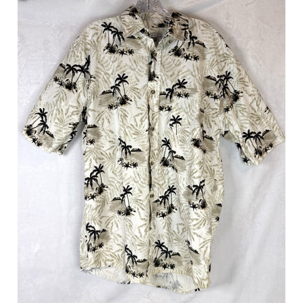 Vintage Michael Austin Hawaiian Shirt L Palm Tree Tropical Camp Button‎ Up Beige